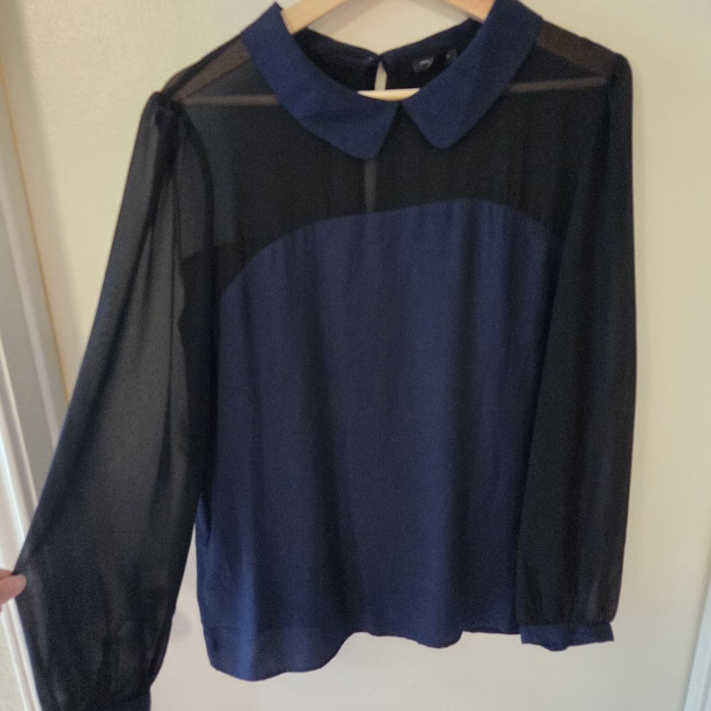 Ann Taylor Peter Pan Collare Navy and Black Sheer Blouse L